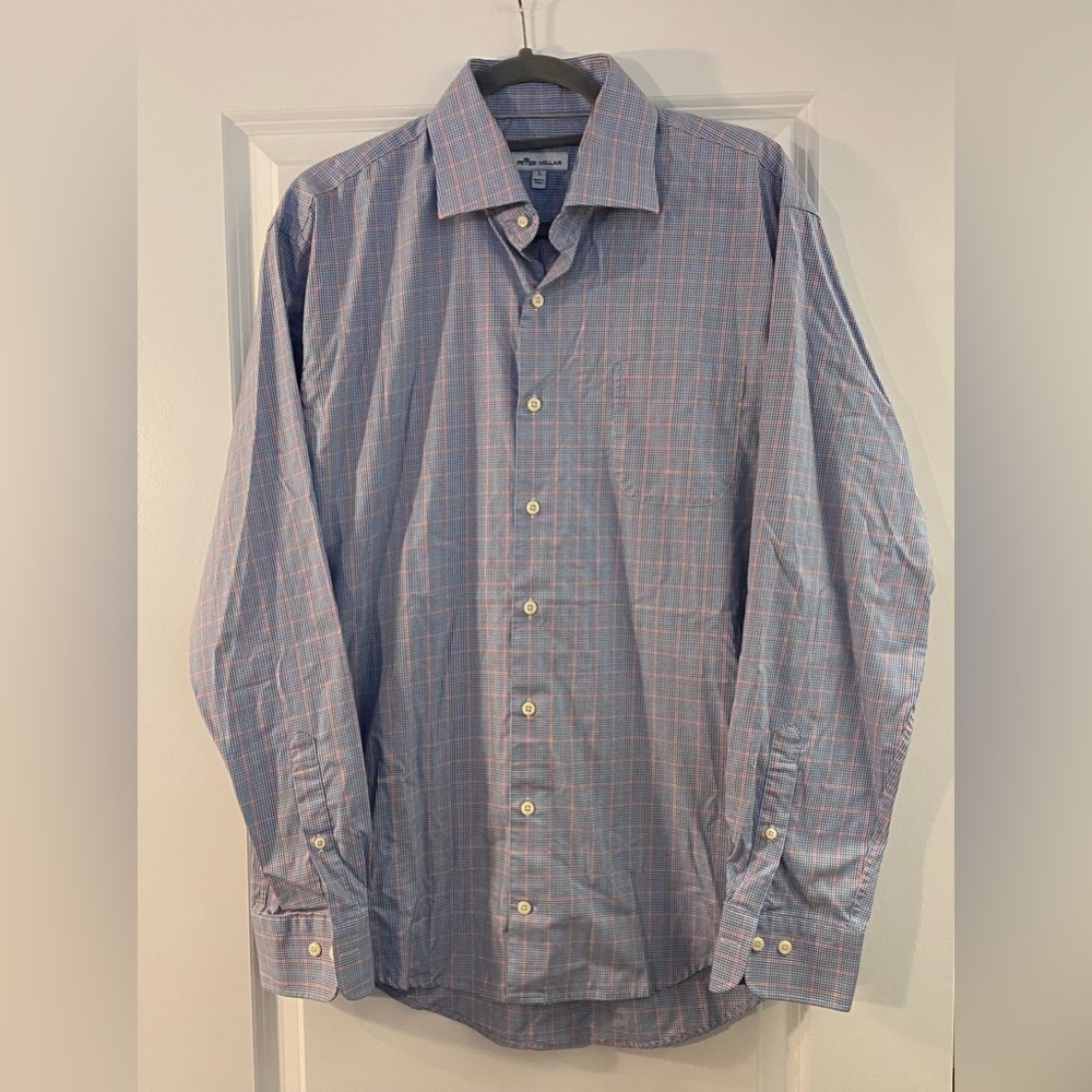 Peter Millar Long Sleeve Button Collared Shirt - Orange / Blue - Sz L - Like New